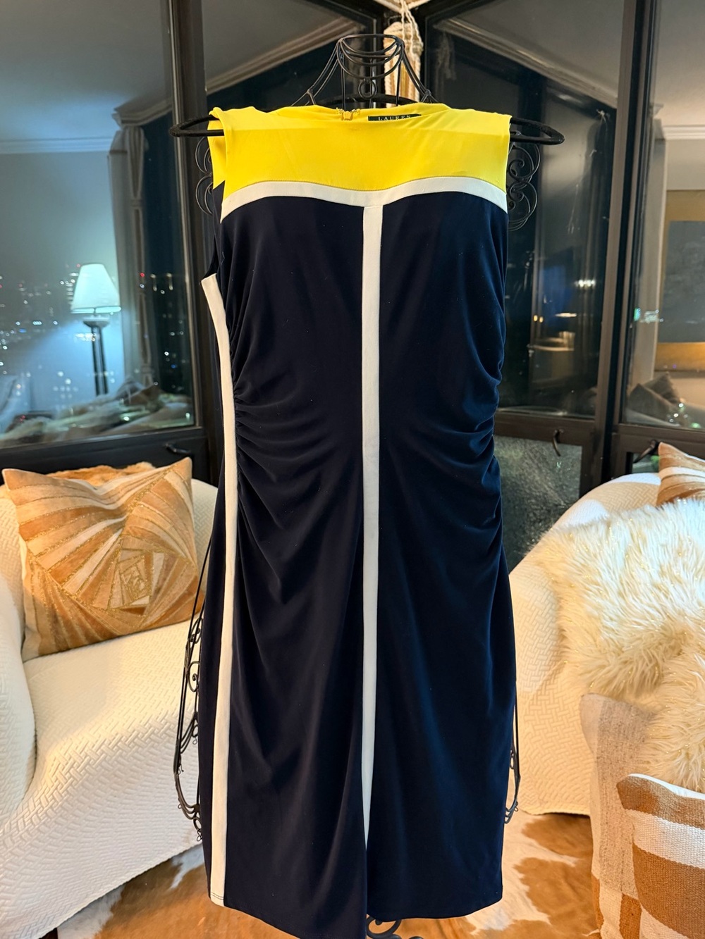 Sleeveless Lauren Navy and Yellow Colorblock Sheath Dress